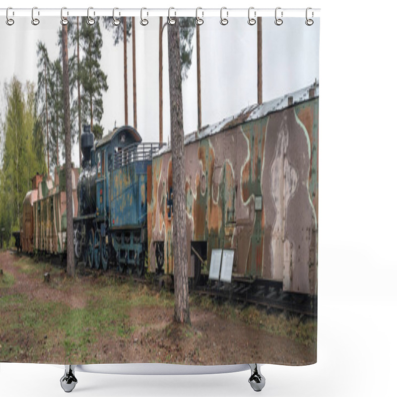 Personality  Parola, Finland - May 2, 2019: Tank Museum In The City Of Parola. Armored Train. Guns In Combat Readiness Shower Curtains