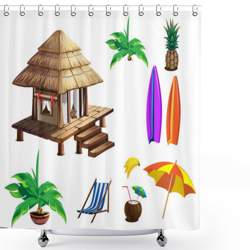 Personality  Tropical Hut With Thatched Roof. Summer Holidays In The Tropics By The Ocean. Isolated Vector Illustration In Cartoon Style Isolated On White Background. Set Shower Curtains