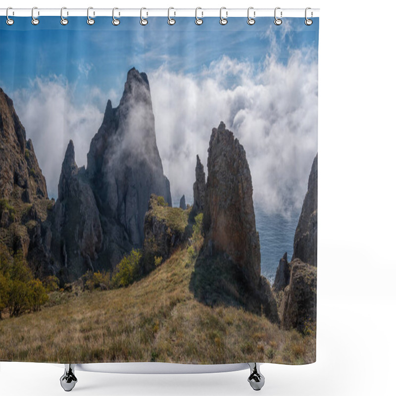 Personality  Sea Fog Is Moving On The Rocks Of The Kara-Dag Volcanic Mountain Range In Crimea Shower Curtains