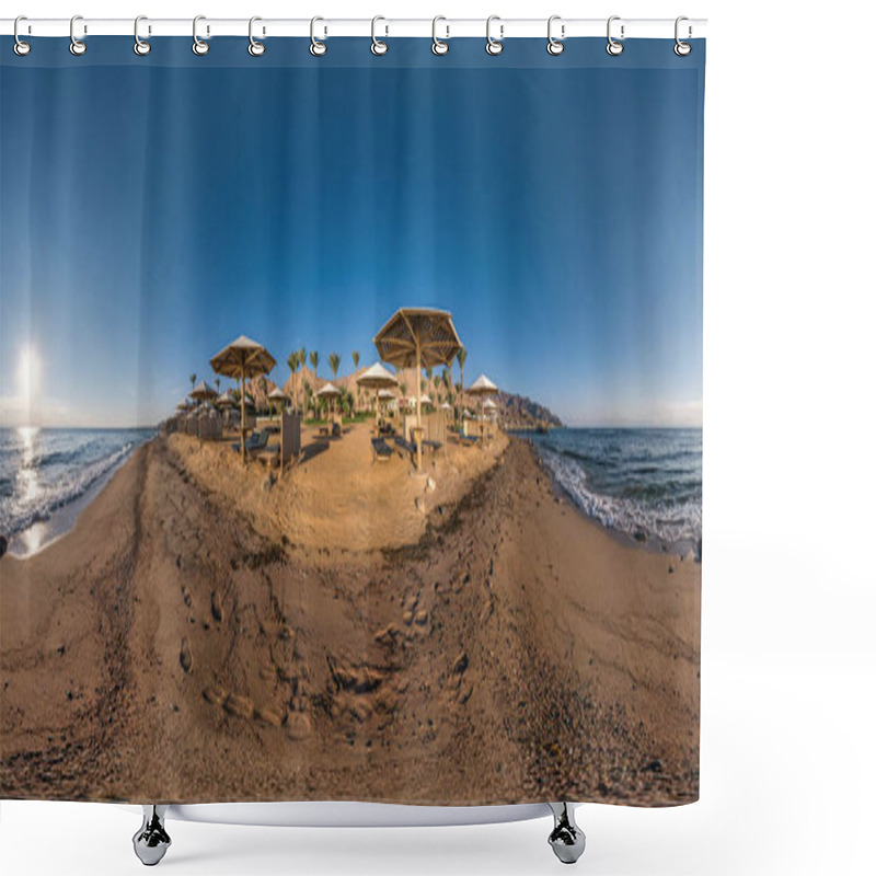 Personality  Full Seamless Spherical Hdr 360 Panorama View On Coast Of Sea With Wooden Beach Umbrellas And Sun Loungers By Red Sea In Bright Sunny Day In Equirectangular Projection, Ready For VR AR Virtual Reality Shower Curtains