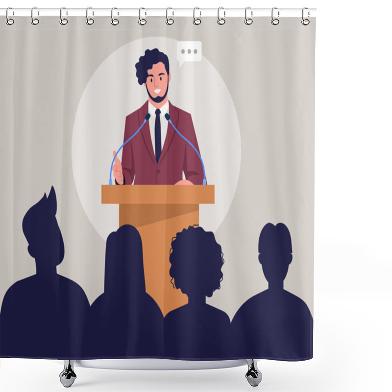 Personality  Vector Illustration Of The Speaker From The Podium. Cartoon Scene With A Speaker Giving A Speech From A Lectern With Microphones In Front Of An Audience Isolated On A White Background. Shower Curtains