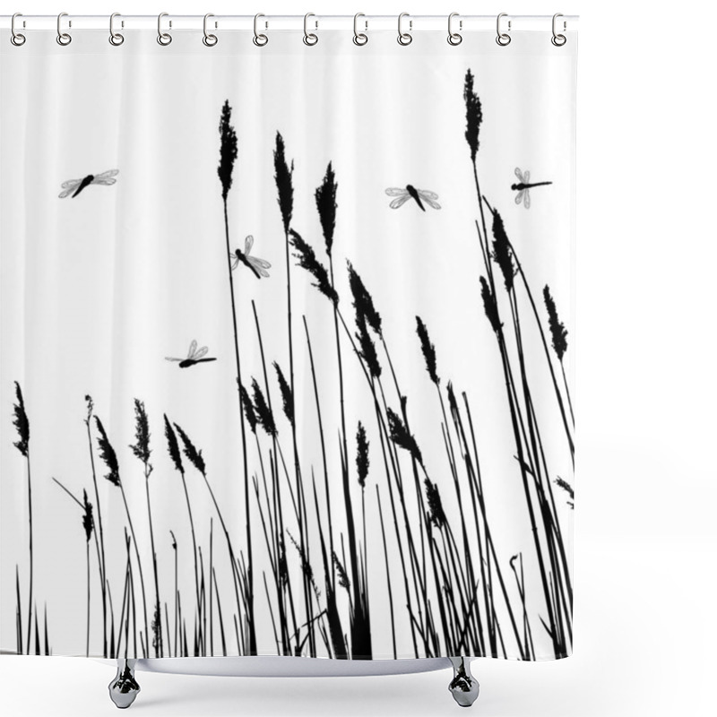 Personality  Real Grass Silhouette And Few Dragonflies - Vector Shower Curtains