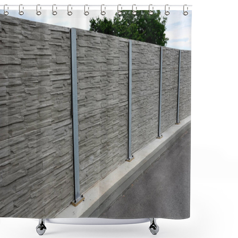 Personality  Soundproof Wall Made Of Concrete Porous Ribbed Material. Fence Of Gray Blocks Embedded In Metal Beams, On Street. Road Traffic Noise  Garden And Residential Area. Protection Of Jerusalem, Rocket Shower Curtains