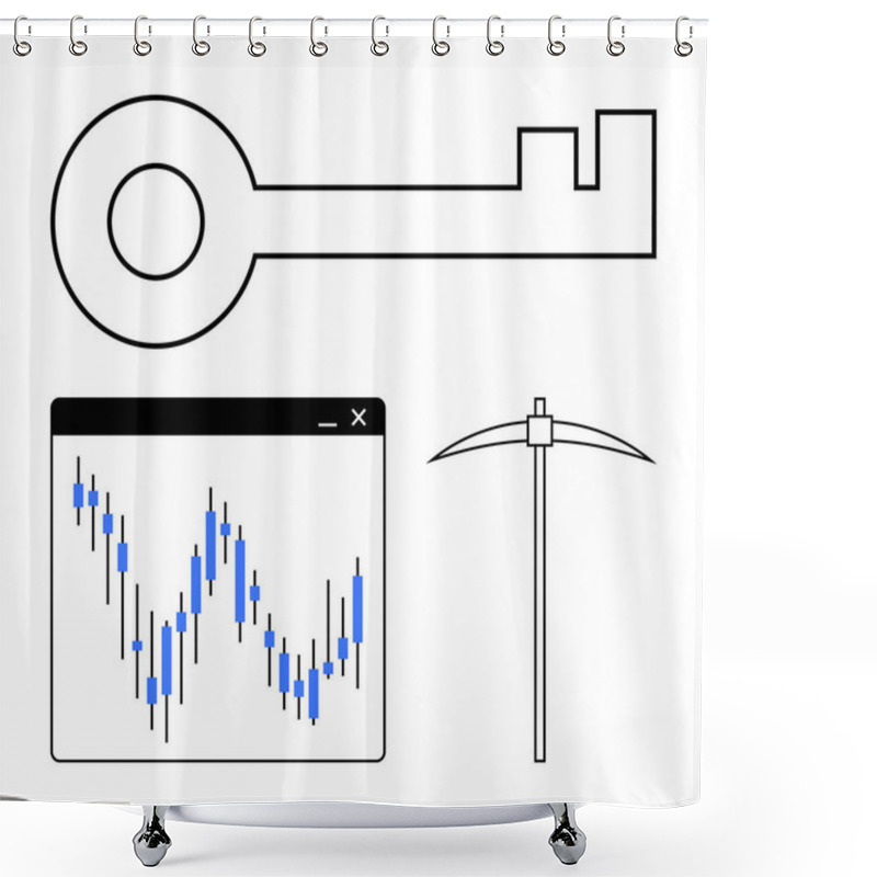 Personality  Large Key, Stock Market Graph, And Pickaxe Representing Security, Finance, And Mining. Ideal For Financial Analysis, Cybersecurity, Data Mining, Investments Resource Extraction And Digital Assets Shower Curtains