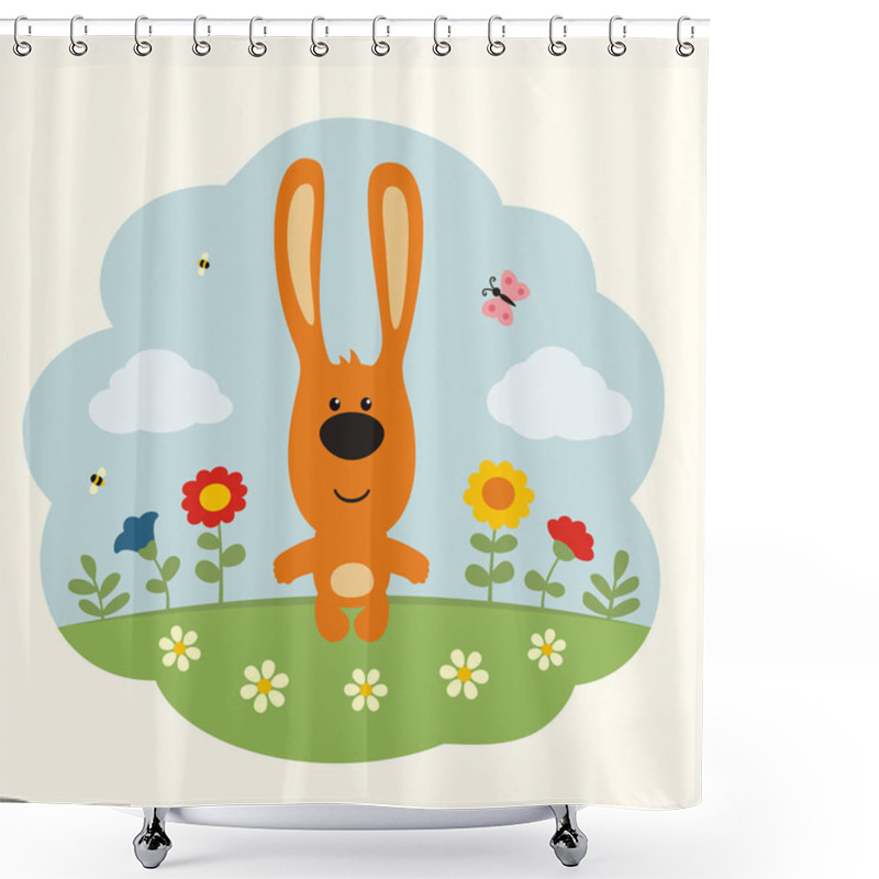 Personality  Greeting Card With Funny Cartoon Character Of Rabbit On Flower Meadow At Sunny Day  Shower Curtains