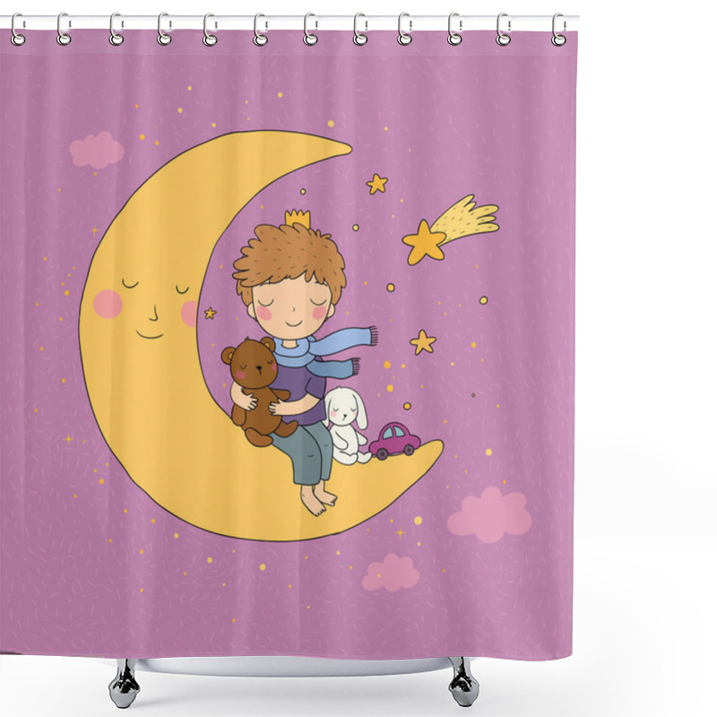 Personality  The Little Prince Is Sitting On The Moon. Cute Cartoon Kid With Toys. A Boy With A Teddy Bear And A Bunny. Time To Sleep. Shower Curtains