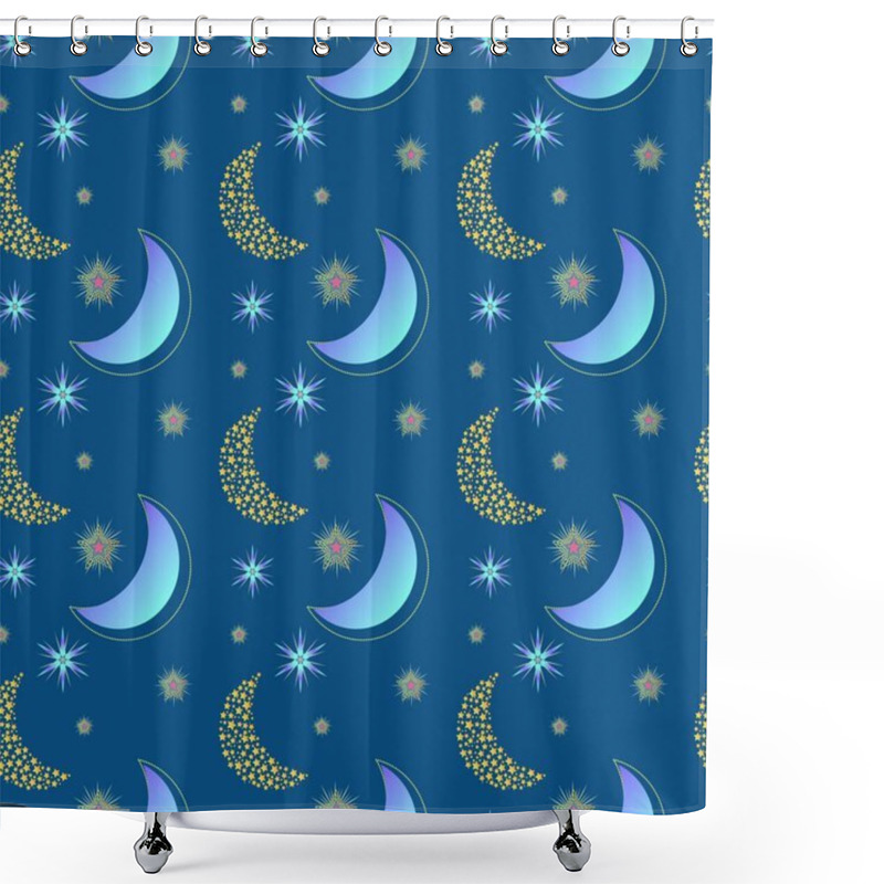 Personality  Seamless Star Pattern Ornament With Stars And Shining Moon On Blue Cartoon Style Background. Vector Illustration. Design For Print, Background, Greeting Card, Packaging, Cover, Fabric, Wrapping Paper Shower Curtains