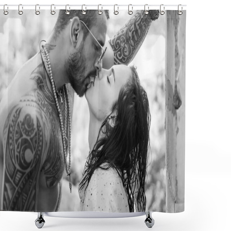 Personality  Passion Love Couple. Romantic Moment. Handsome Muscular Guy And Amazing Sexy Woman. Cosmopolitan Couple. Love And Flirt. Muscular Man And Fit Slim Young Female Kissing. Couple Goals. Shower Curtains