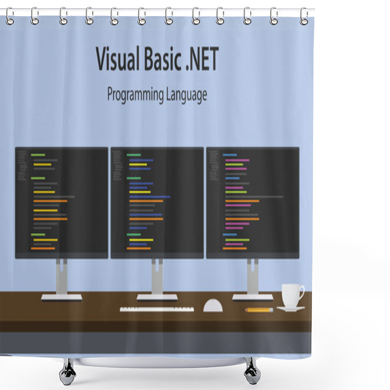 Personality  Illustration Of Visual Basic .NET Programming Language Code Displayed On Three Monitor In A Row At Programmer Workspace Shower Curtains