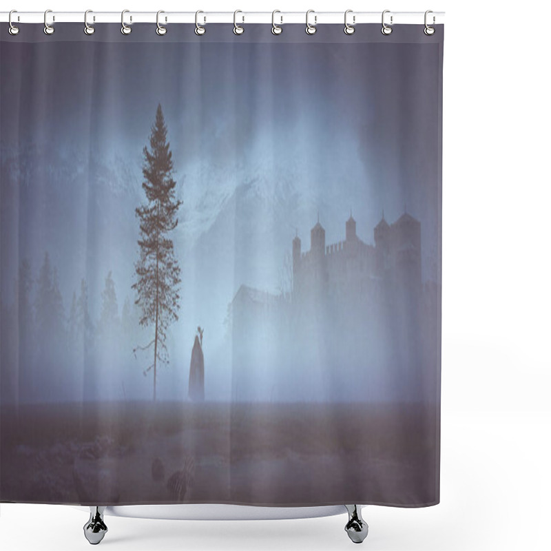 Personality  Warlock Walking In The Mist Near An Old Fir And A Little Lake With A Skeleton A Castle In The Background In Mountains - Concept Art - 3D Rendering  Shower Curtains