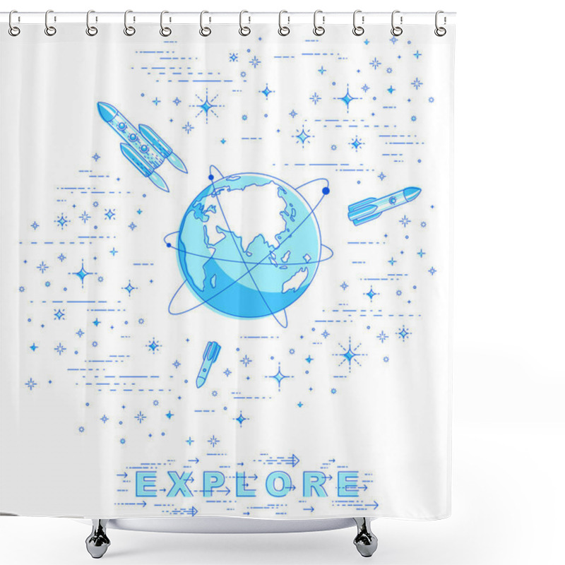 Personality  Earth In Space, Our Planet In Huge Cosmos Surrounded By Rockets, Asteroids And Stars. Cartoon Science Universe. Thin Line 3d Vector Illustration Isolated On White. Shower Curtains