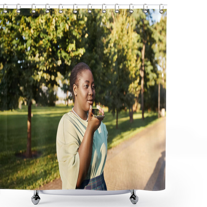 Personality  Plus-size African American Woman Stands On Roadside, Chatting On Phone In Summer Heat, Embracing Body Positivity. Shower Curtains