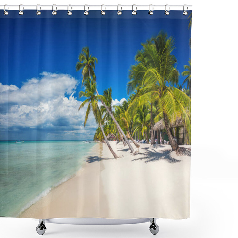 Personality  Beach With Palm And A Sailing Boat In The Turquoise Sea On  Saona Paradise Island Shower Curtains