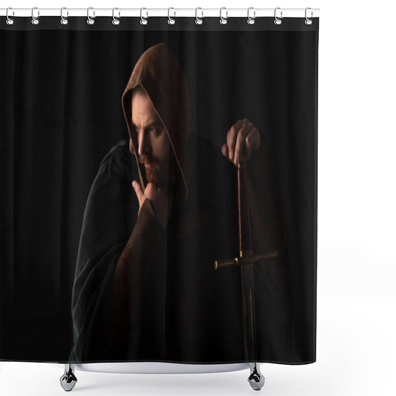 Personality  Frowning Medieval Scottish Man In Mantel With Sword  In Dark Isolated On Black Shower Curtains