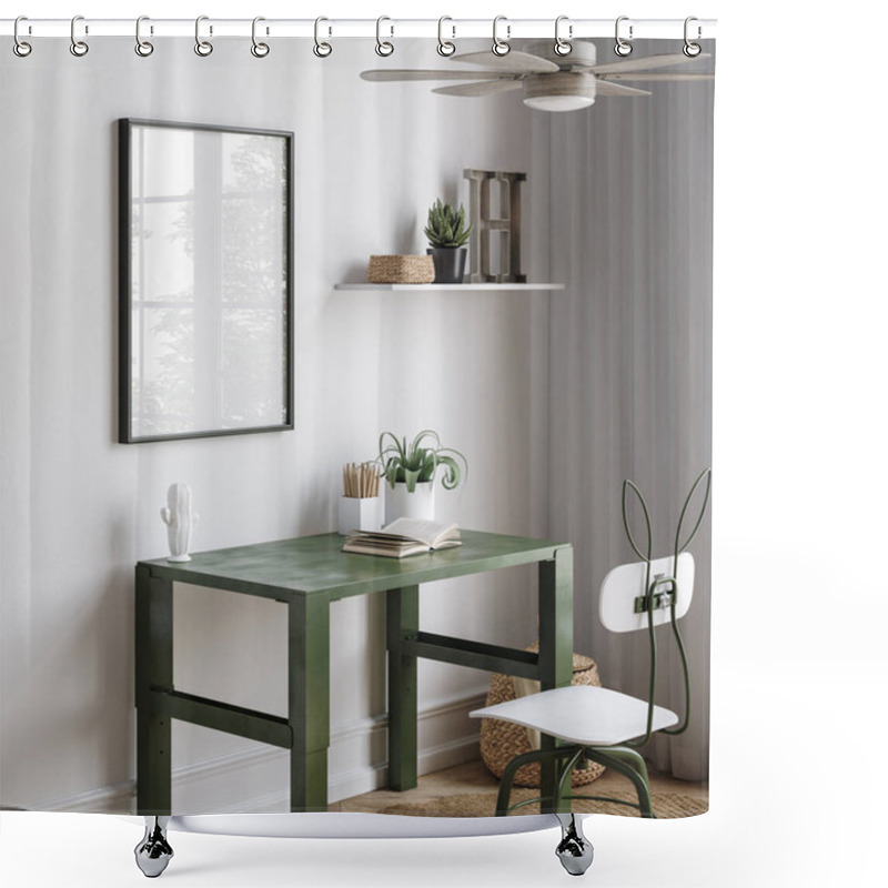 Personality  Frame Mockup In Boys Room In Military Style Room Interior, 3D Rendering Shower Curtains