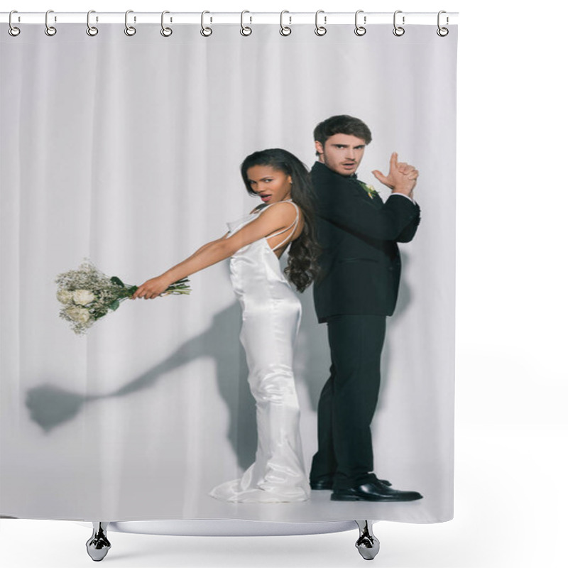 Personality  Full Length View Of Confident Bridegroom Showing Gun Gesture While Standing Back To Back With African American Bride With Wedding Bouquet On White Background Shower Curtains