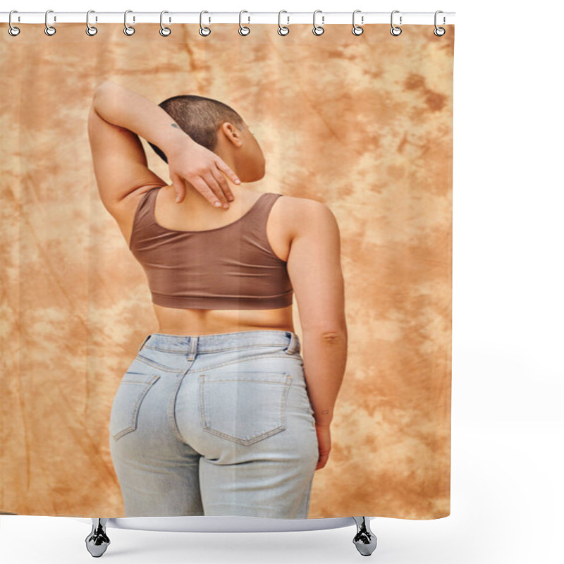 Personality  Curvy Model, Back View Of Young Short Haired Woman Standing With Hand Behind Back, Mottled Beige Background, Representation Of Body, Different Shapes, Generation Z, Youth, Body Positivity  Shower Curtains