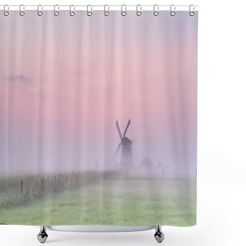 Personality  Windmill On Meadow In Morning Fog Shower Curtains