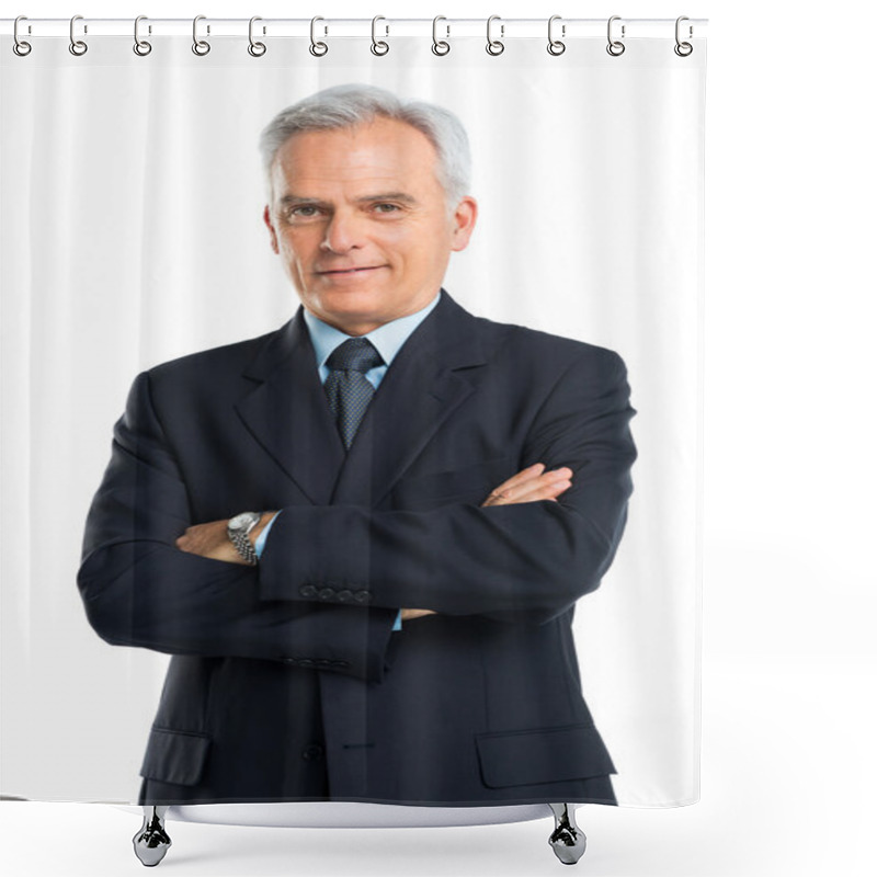 Personality  Portrait Of Senior Businessman With Hands Folded Shower Curtains