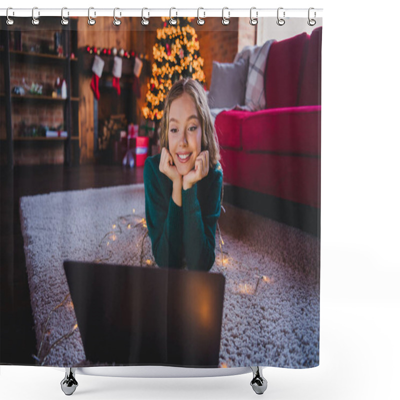 Personality  Full Length Photo Of Teen Girl Lying Floor Dreamy Netbook Dressed Green Christmas Garment Tradition Atmosphere Decor House Indoors Room. Shower Curtains