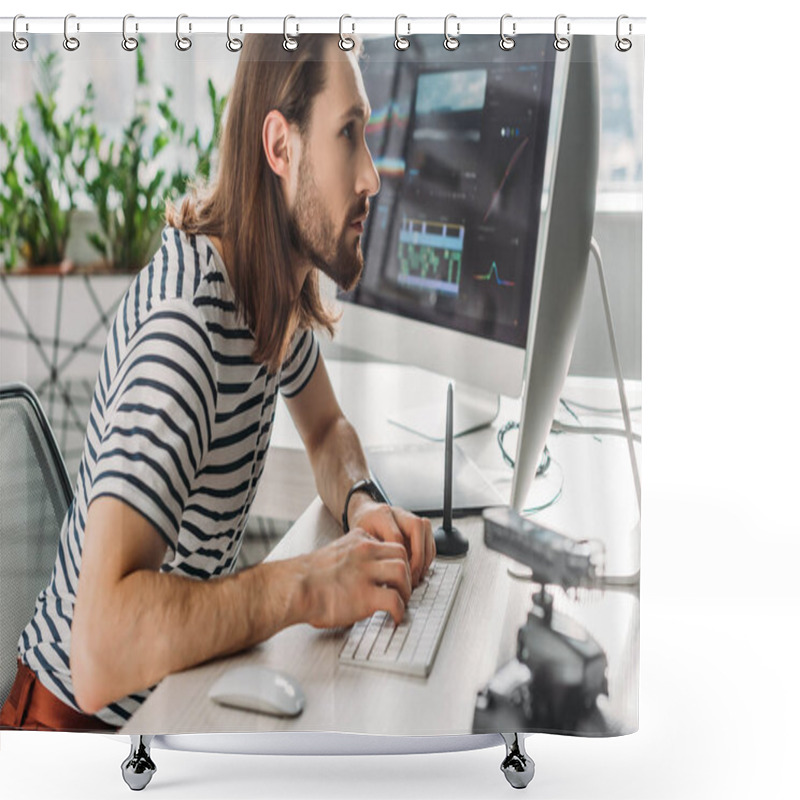 Personality  Side View Of Bearded Art Editor Working In Studio  Shower Curtains