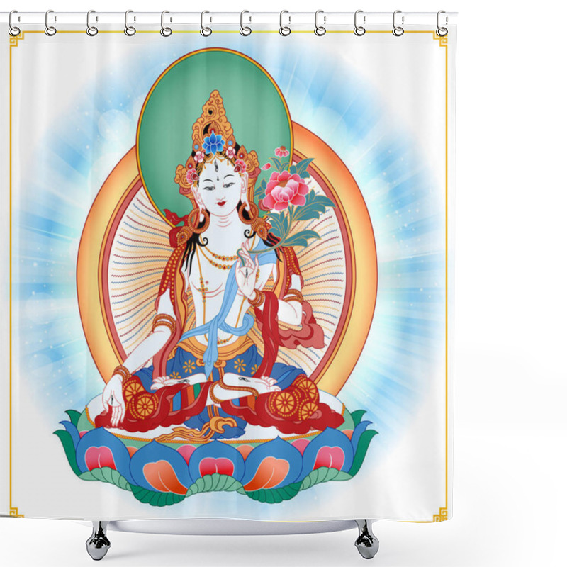 Personality  White Tara In Tibetan Buddhism, Is A Female Bodhisattva In Mahayana Buddhism Who Appears As A Female Buddha In Vajrayana Buddhism. Buddha. Color Design. Vector Illustration. Shower Curtains