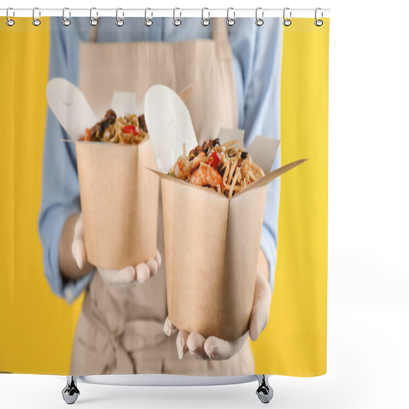 Personality  Chef Holding Boxes Of Wok Noodles With Seafood On Yellow Background, Closeup Shower Curtains