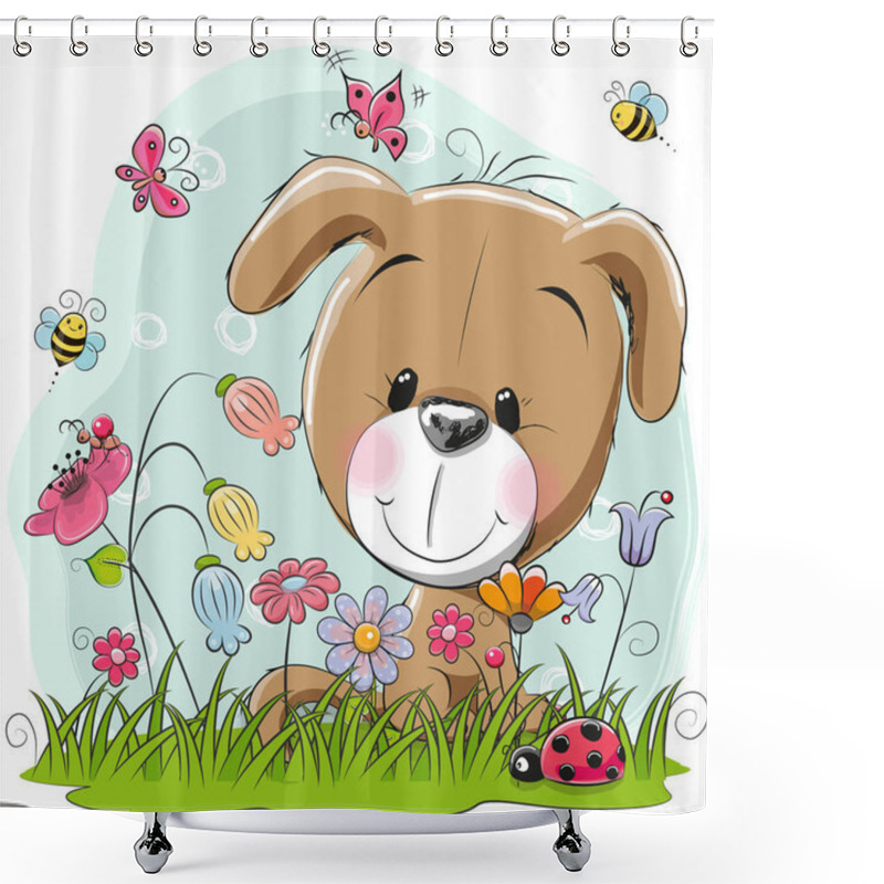 Personality  Cute Cartoon Puppy On A Meadow Shower Curtains