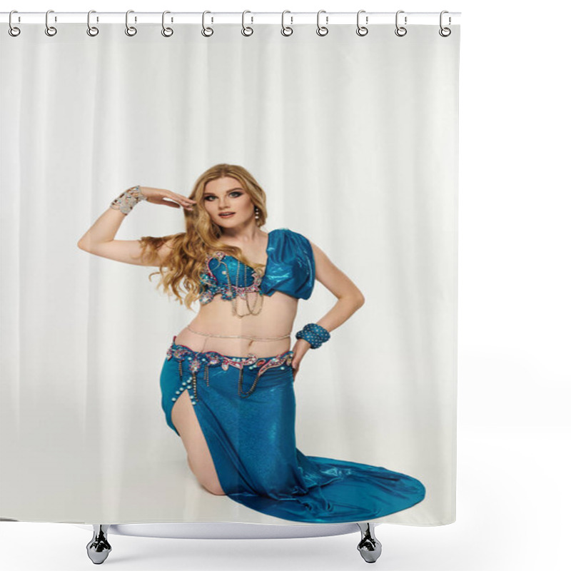 Personality  Young Woman In A Blue Dress Gracefully Posing For A Belly Dance. Shower Curtains