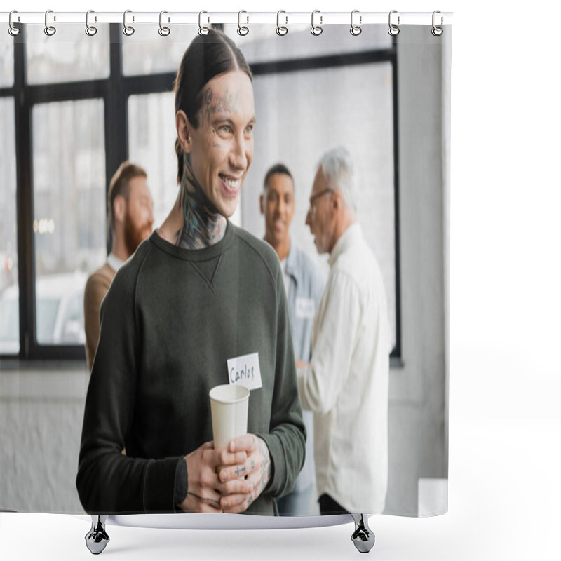 Personality  Positive Tattooed Man Holding Paper Cup During Meeting Of Alcoholics In Recovery Center  Shower Curtains