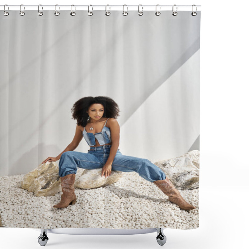 Personality  A Young Woman Exudes Confidence In Trendy Attire While Seated Among Minimalist Decor. Shower Curtains