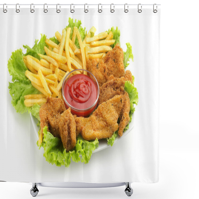 Personality  Fried Chicken, Fries, Lettuce And Ketchup Sauce On White Background Shower Curtains