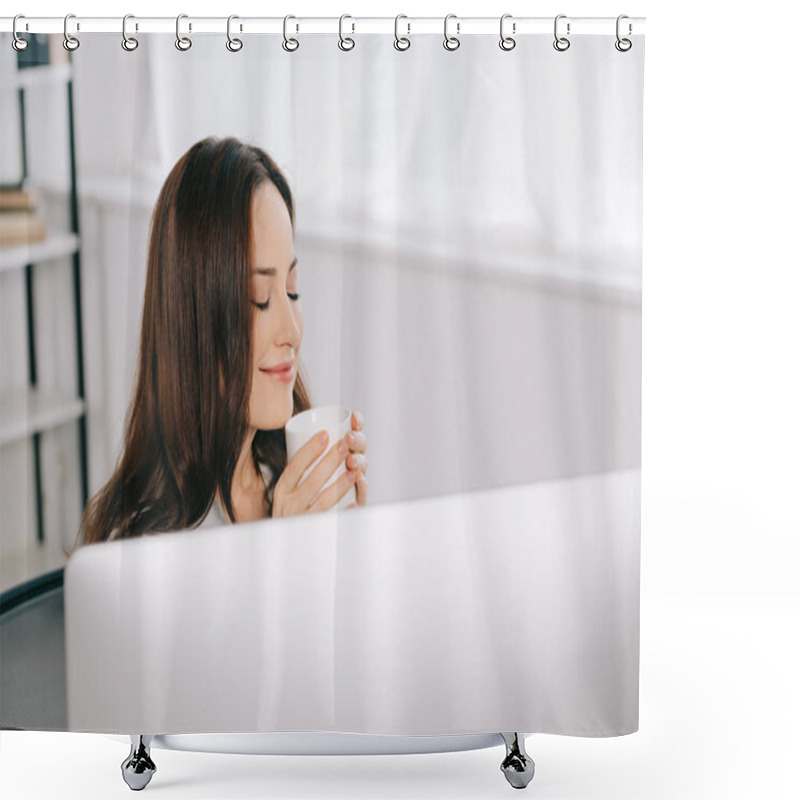 Personality  Selective Focus Of Smiling Secretary Holding Coffee Cup While Sitting With Closed Eyes Shower Curtains