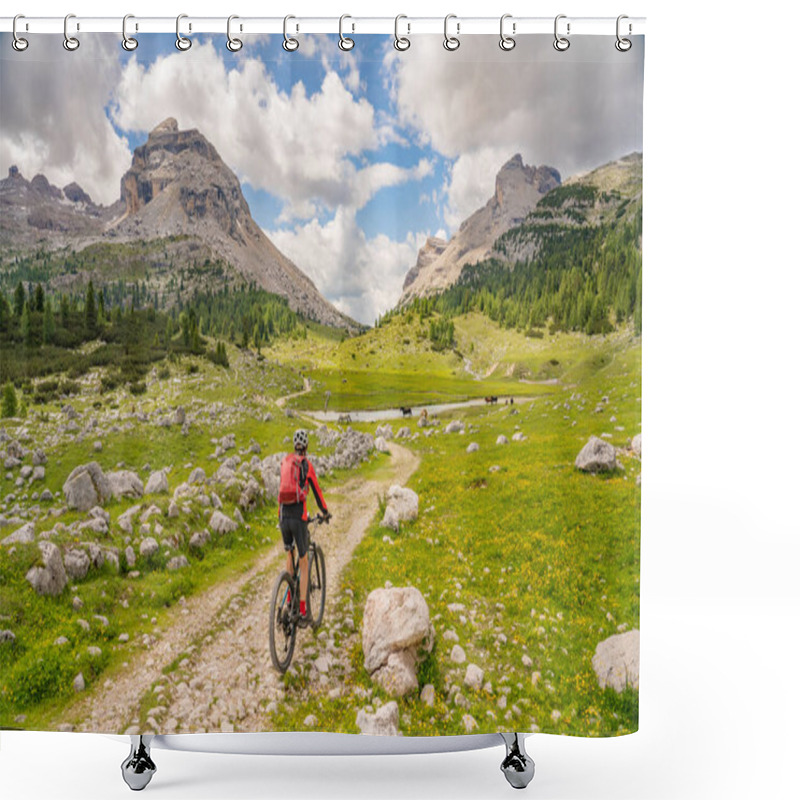 Personality  Beautiful Senior Woman Riding Her Electric Mountain Bike In The Fanes High Valley, Part Of Fanes-Sennes-Braies Nature Park In The Alta Badia Dolomites,  South Tirol And Trentino, Italy Shower Curtains