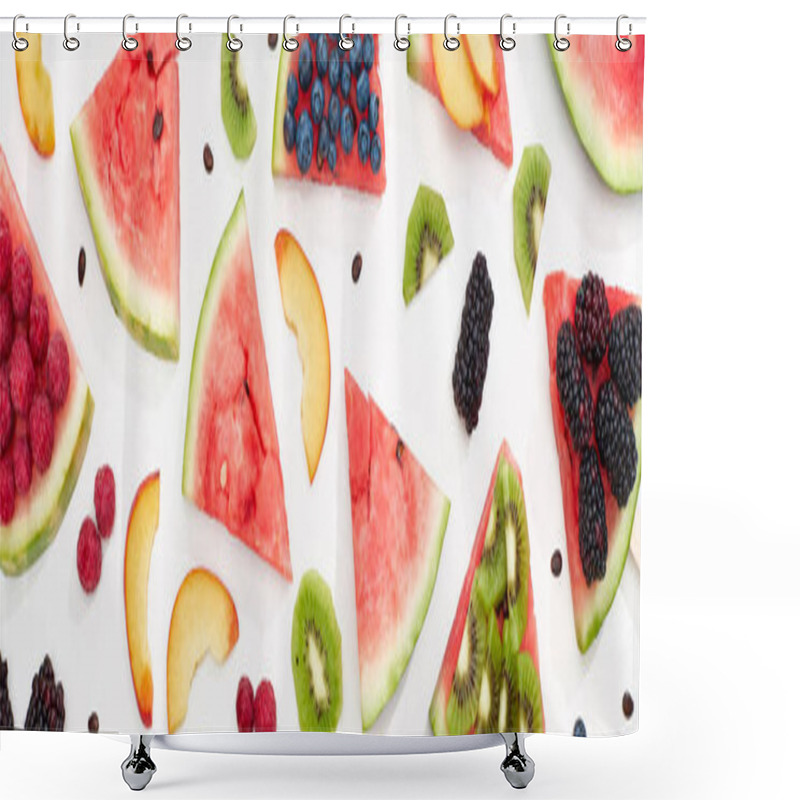 Personality  Panoramic Shot Of Delicious Watermelon With Seasonal Berries And Fruits On White Background Shower Curtains