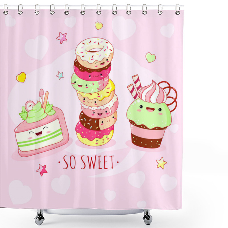 Personality  Funny Background With Cute Sweet Foods In Kawaii Style Shower Curtains