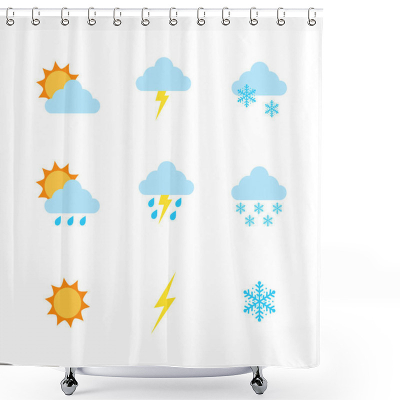 Personality  Weather Forecast Icons Include,rainy Season,rainstorm, Thunder,lightning, Winter,snowing, Cold Weather, Summer,rising Sun,clear Weather,hot Weather,spring, Night,moon,stars. Vector Illustration Shower Curtains