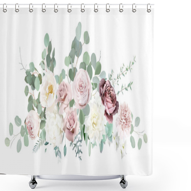 Personality  Silver Sage Green And Blush Pink Flowers Vector Design Bouquet. Dusty Mauve Rose, White Dahlia, Carnation, Peony, Ranunculus, Eucalyptus, Greenery. Wedding Floral Watercolor. Isolated And Editable Shower Curtains