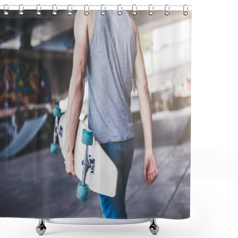 Personality  Cropped Image Of Young Man Skateboarder. Male Teenager With Longboard In Skatepark. Shower Curtains