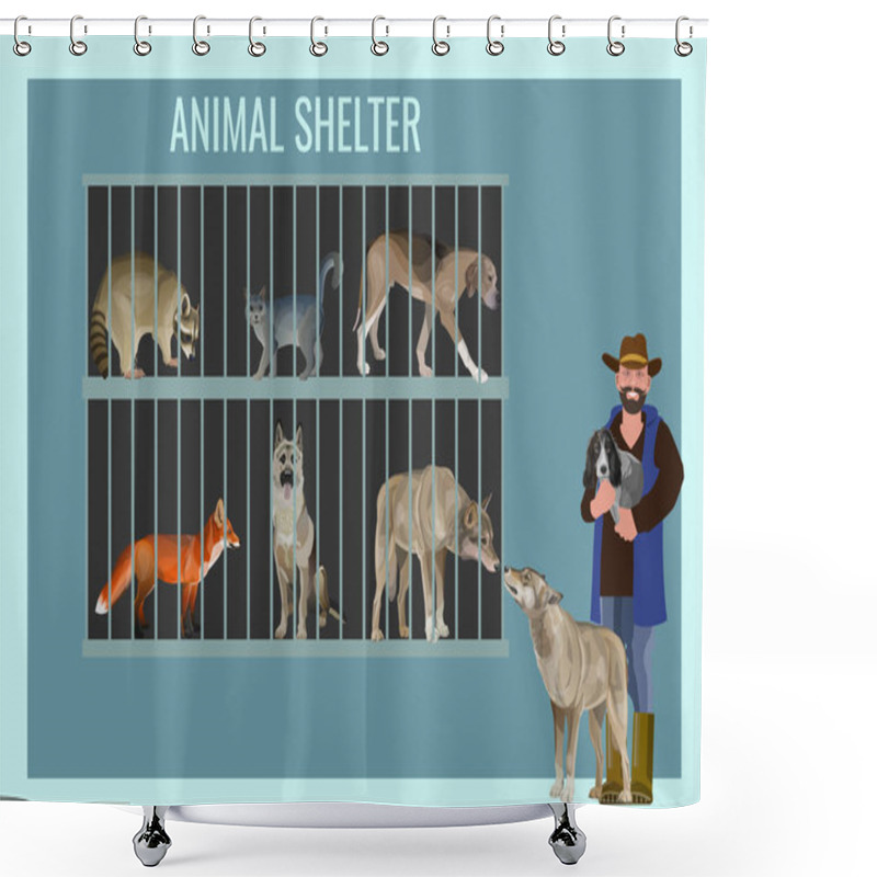 Personality  Animal Shelter With Pets And Owner With Dogs Shower Curtains