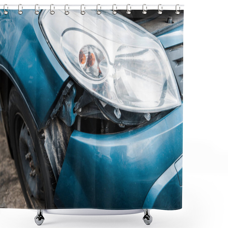 Personality  Selective Focus Of Crashed Blue Vehicle After Car Accident  Shower Curtains