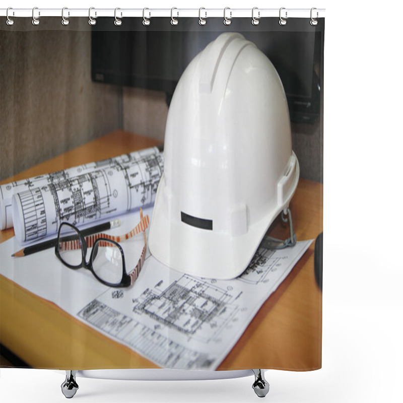 Personality  File Of Safety Helmet And Architect Plant On Wood Table Shower Curtains