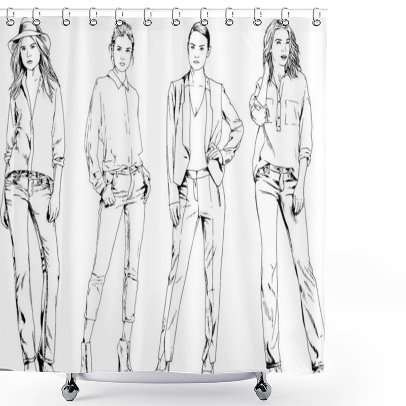 Personality  Beautiful Slim Girl In Casual Clothes, Drawn In Ink By Hand On A White Background Shower Curtains