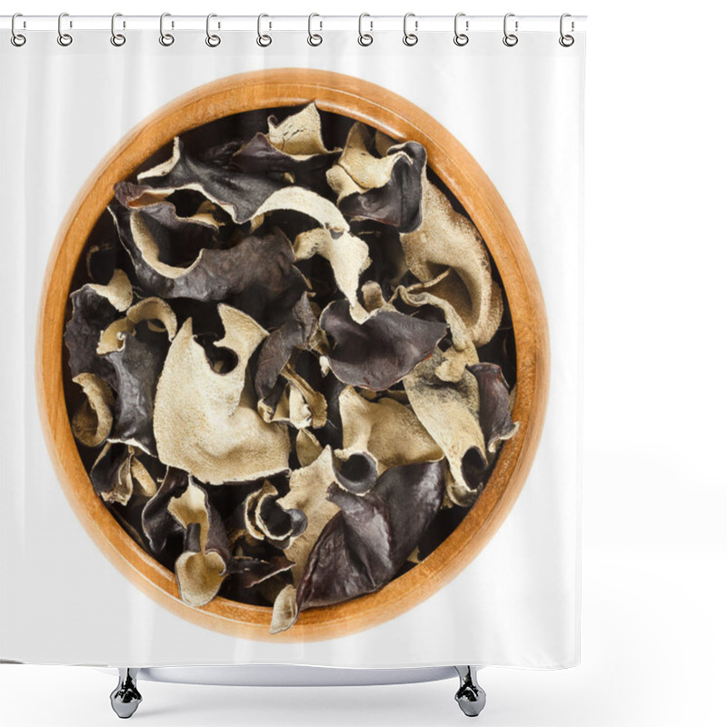 Personality  Dried Black Fungus Jew's Ear In Wooden Bowl Shower Curtains