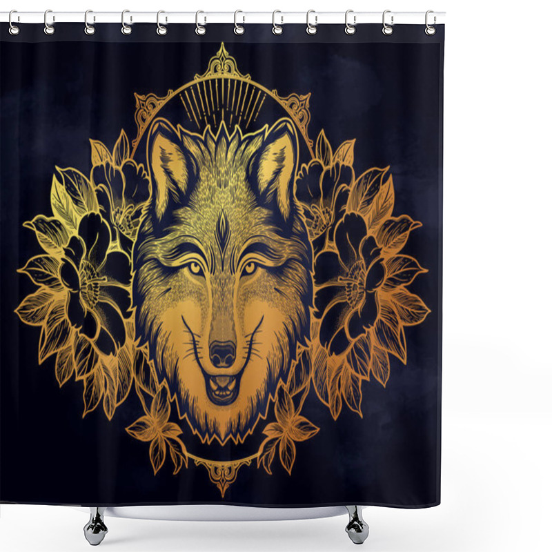 Personality  Portrait Of A Wolf On A Background Of Mountain Landscape.Dreamy Magic Art. Night, Nature, Wicca Symbol. Isolated Vector Illustration. Great Outdoors, Tattoo And T-shirt Design. Shower Curtains