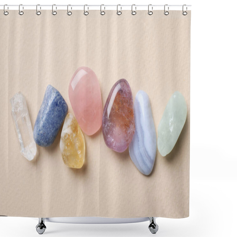 Personality  Beautiful Gemstones On Beige Table, Flat Lay. Healing Crystals Shower Curtains