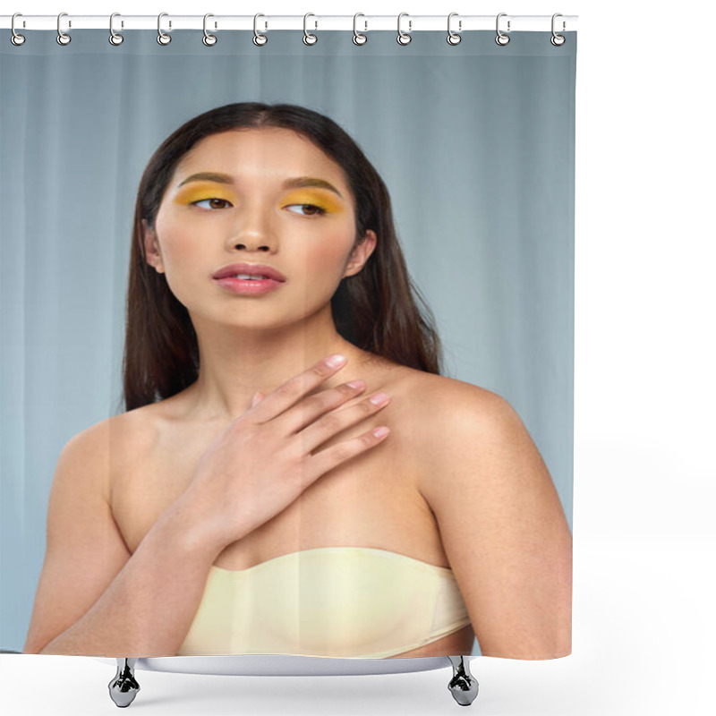 Personality  Young Asian Model With Bold Makeup Posing In Strapless Top Isolated On Blue, Diverse Beauty Concept Shower Curtains