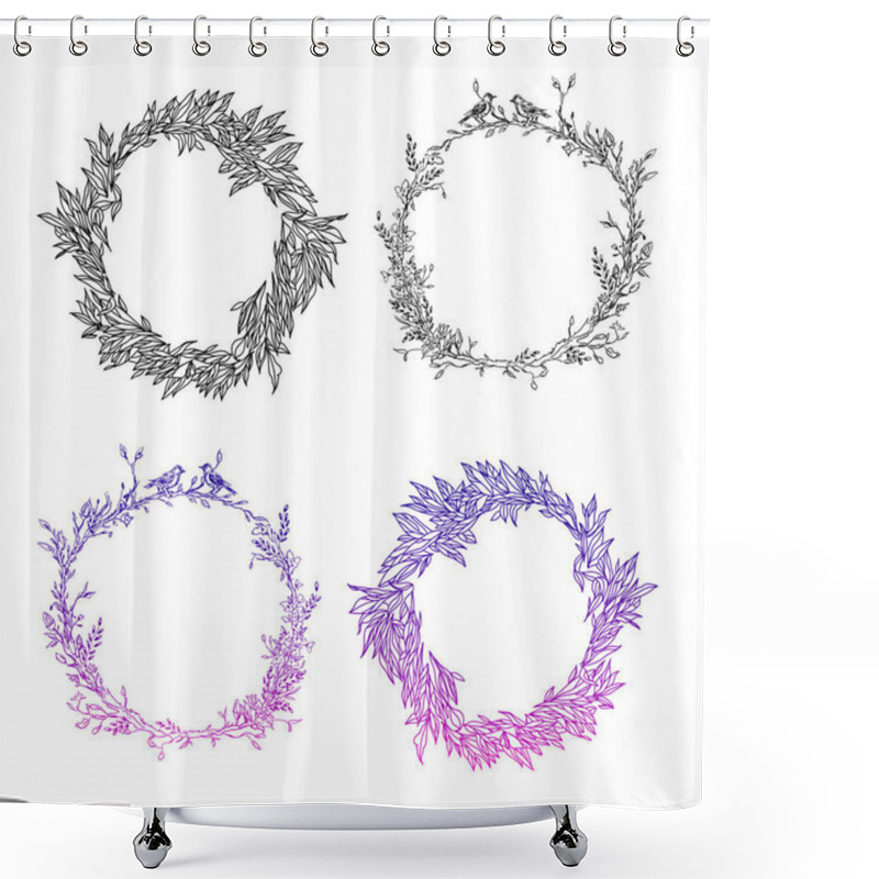 Personality  Elegant And Cute Illustration. Birds Sit On Each Branch. Printing For Textile And Industrial Purposes. And A Beautiful Romantic Frame Of Flowers And Twigs. Vector Illustration. Shower Curtains