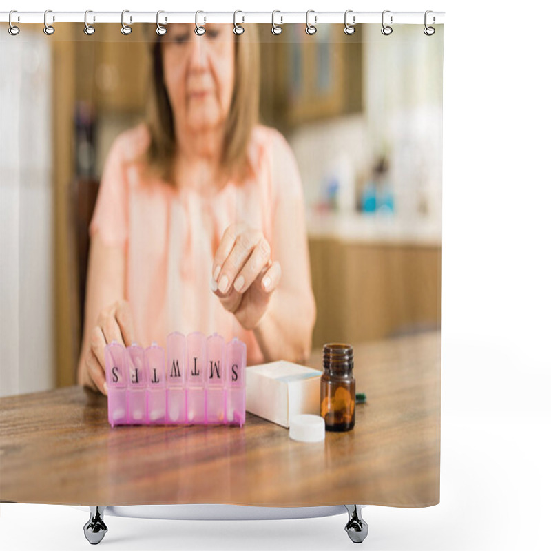 Personality  Woman Filling Weekly Pill Box  Shower Curtains