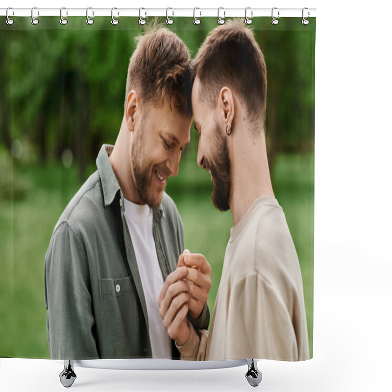 Personality  Two Bearded Gay Men Stand Close Together In A Green Park, Their Heads Touching As They Share A Tender Moment. Shower Curtains